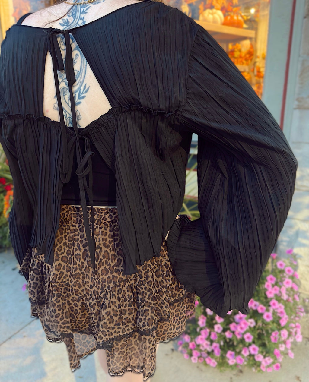 Pleated Open Back Tie Blouse