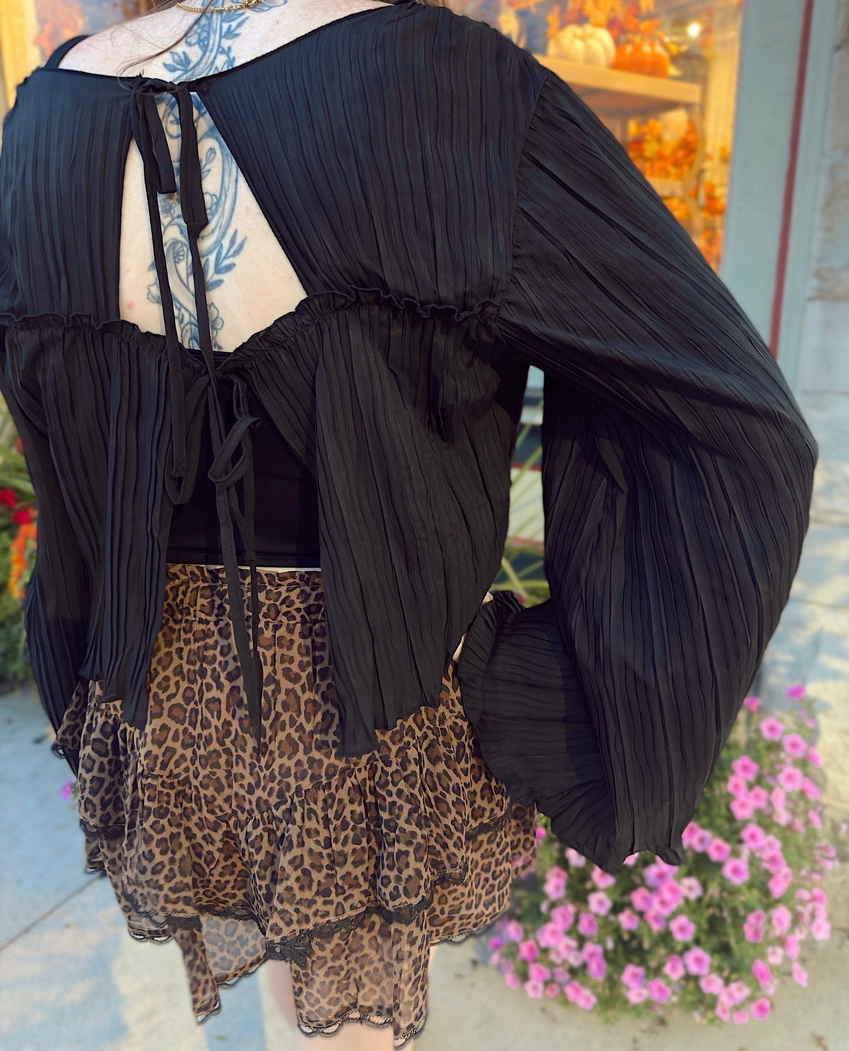 Pleated Open Back Tie Blouse