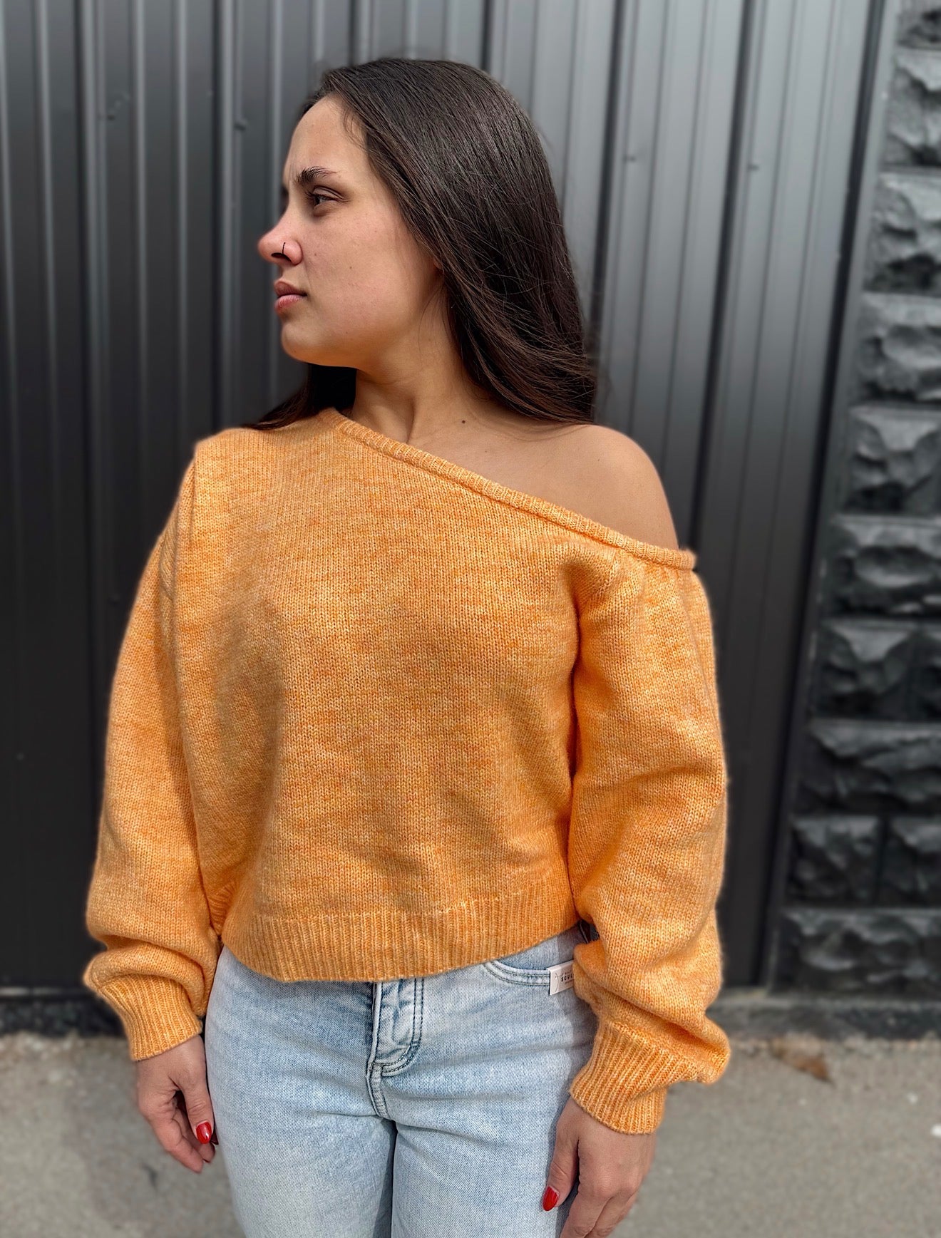 Orange Asymmetrical Shoulder Sweater