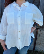 Curvy - Dolman Sleeve Button Down Gauze Shirt