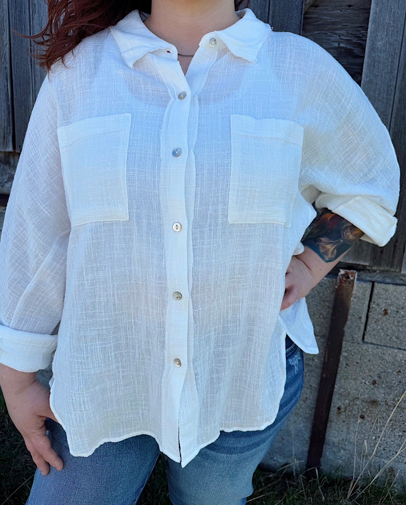 Curvy - Dolman Sleeve Button Down Gauze Shirt