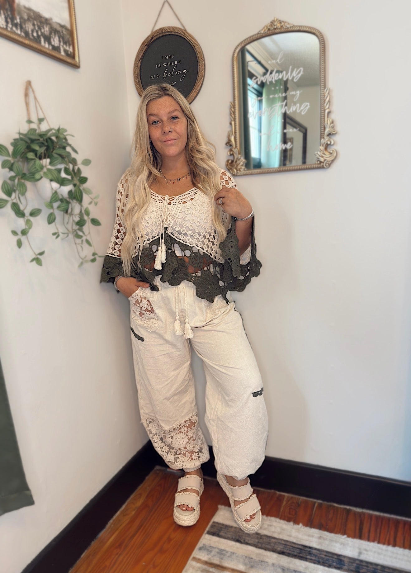 Olive Color Block Crochet Top