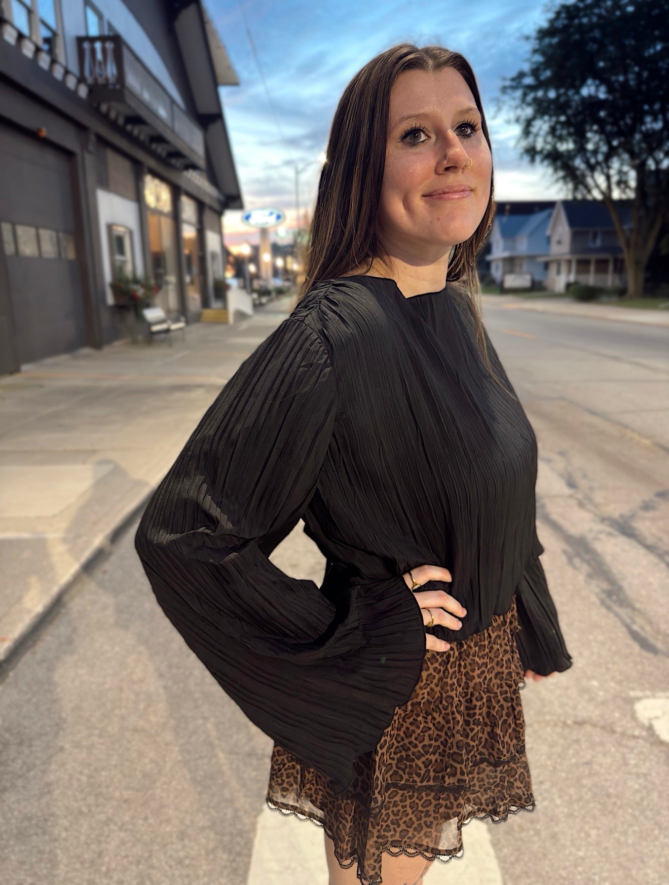 Pleated Open Back Tie Blouse