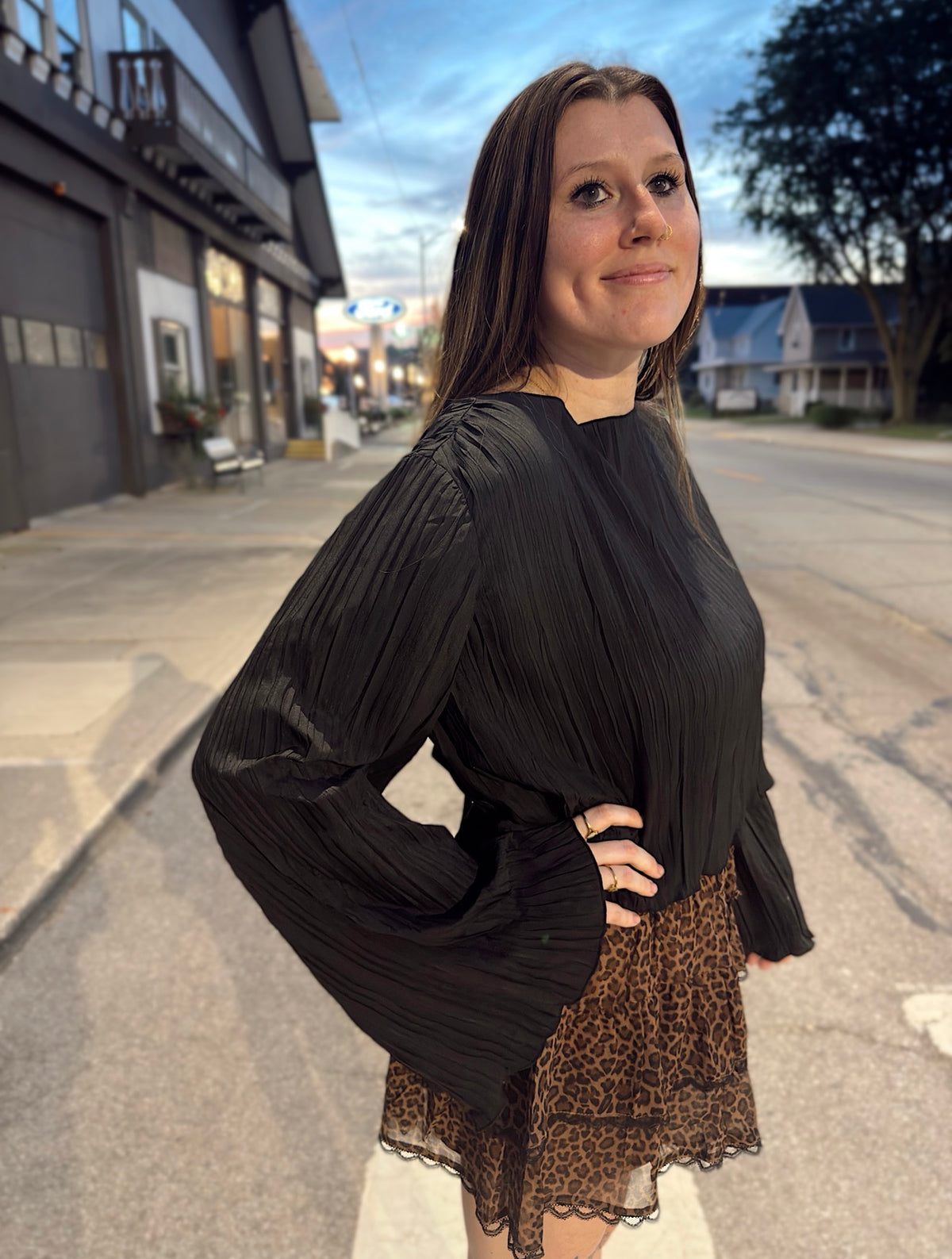Pleated Open Back Tie Blouse