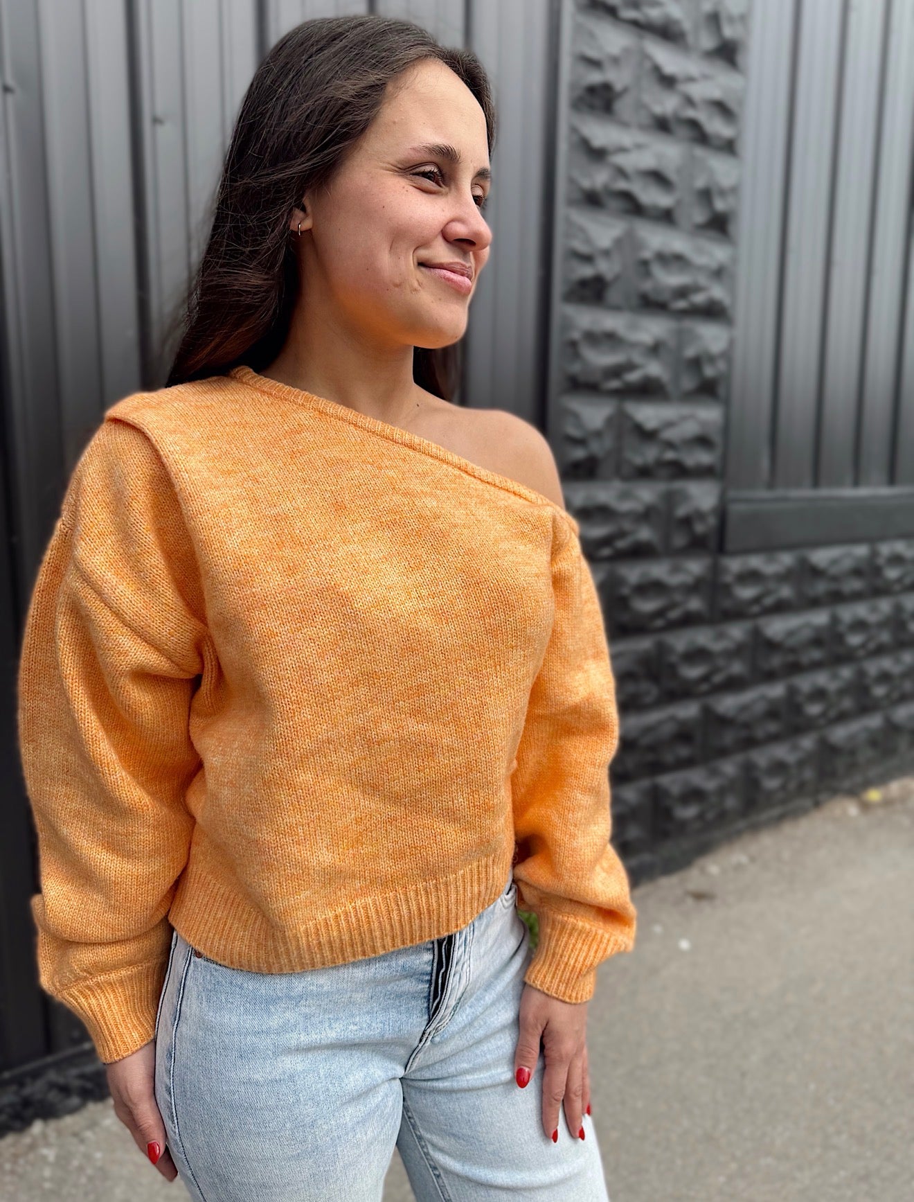Orange Asymmetrical Shoulder Sweater