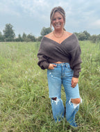 Crossover Ribbed Fuzzy Knit Sweater