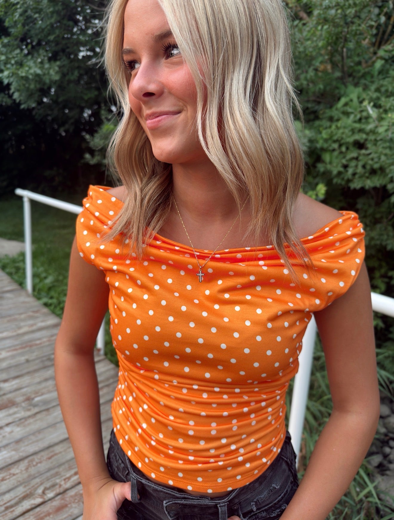 Off-Shoulder Ruched Polka Dot Top