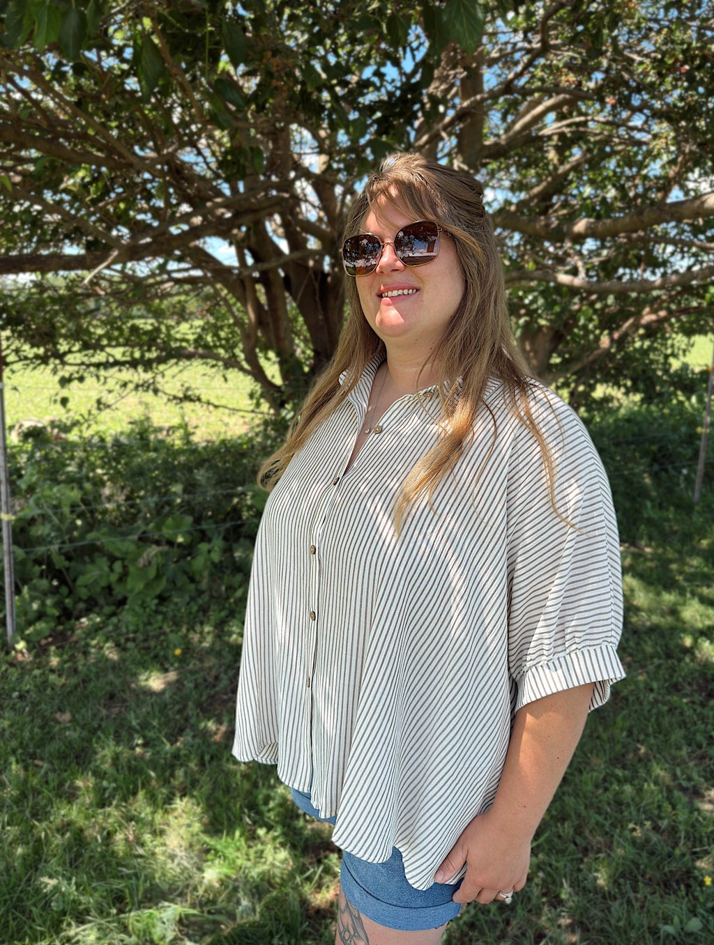 Curvy - Stripe Button Down Boxy Top