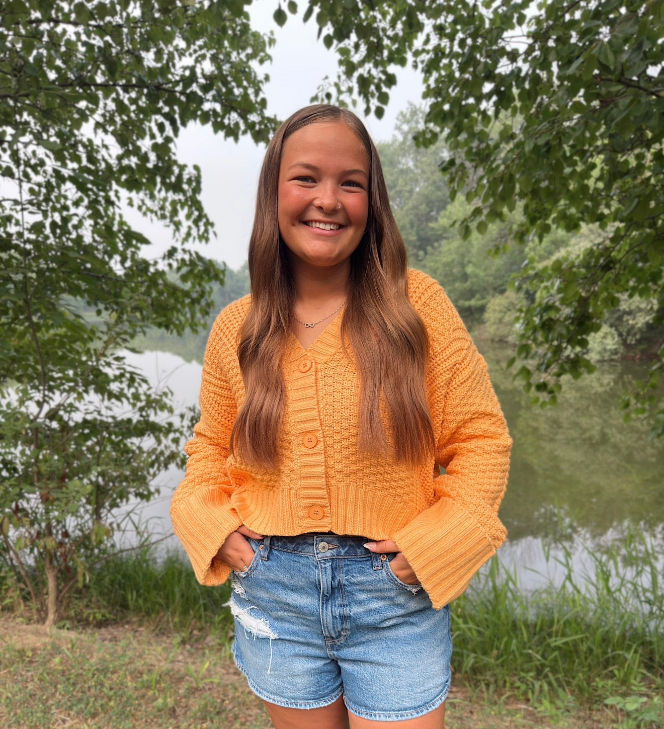 Orange Knit Button Up Cardigan