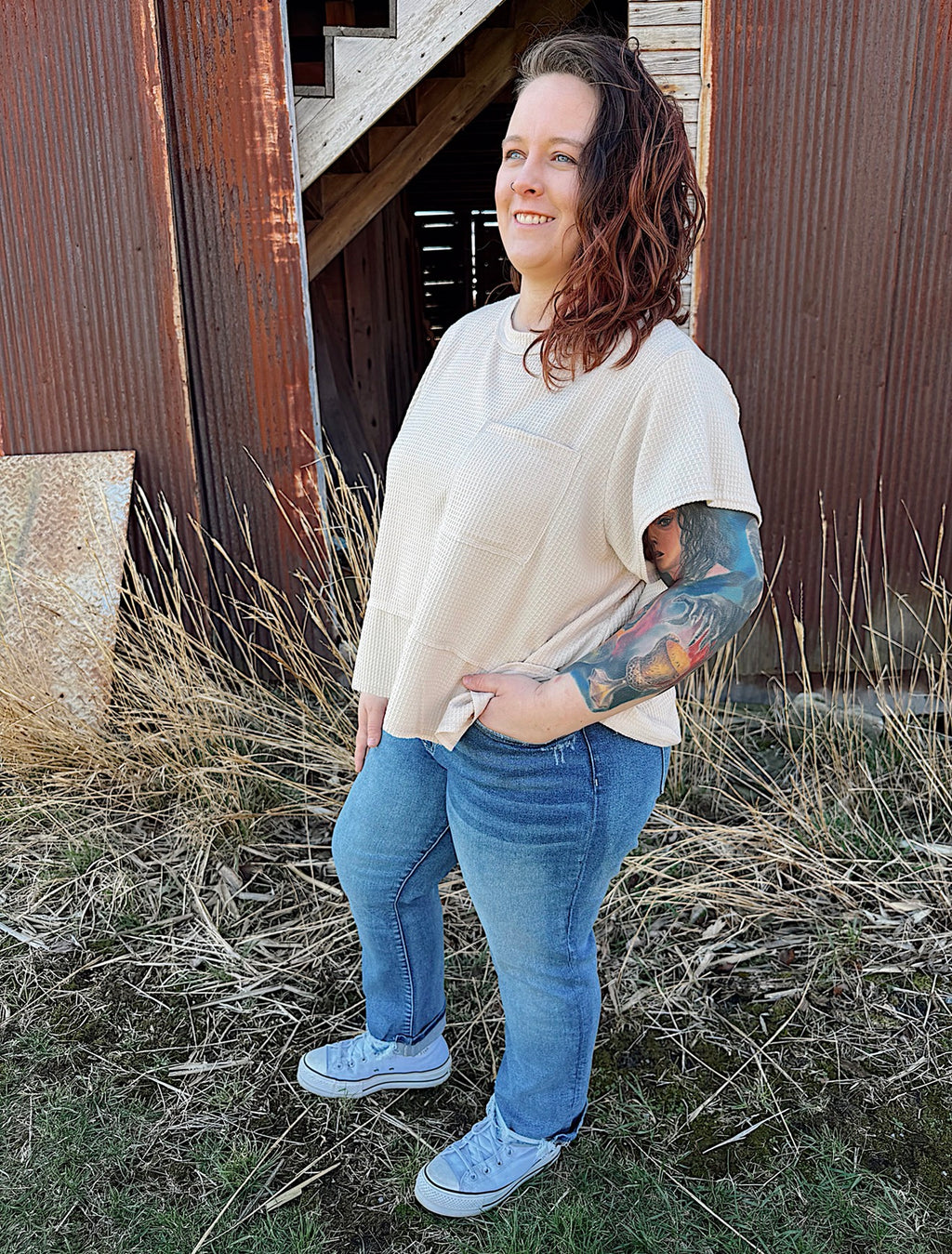 Curvy - Flared Hem Waffle Knit Casual Top