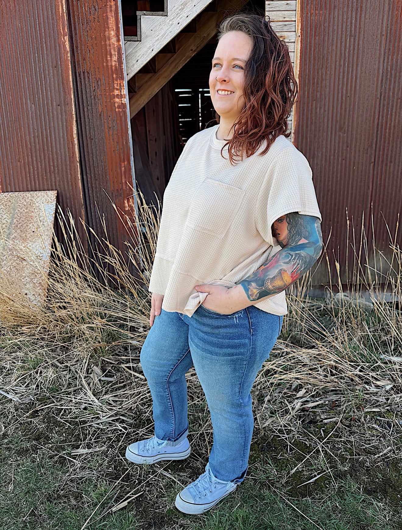 Curvy - Flared Hem Waffle Knit Casual Top