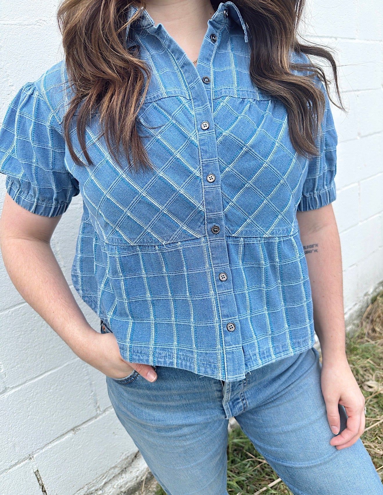 Checkered Denim Button Down Top