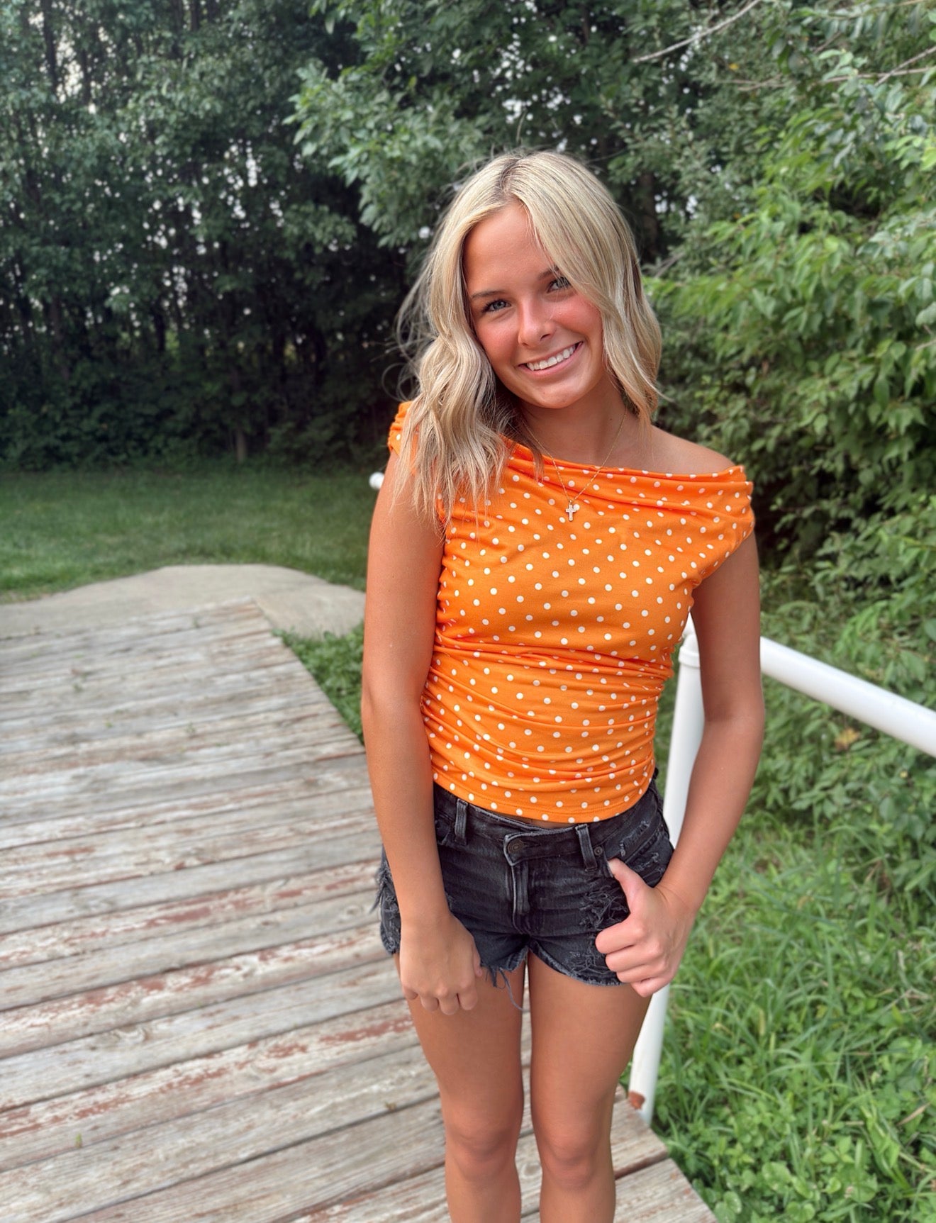 Off-Shoulder Ruched Polka Dot Top