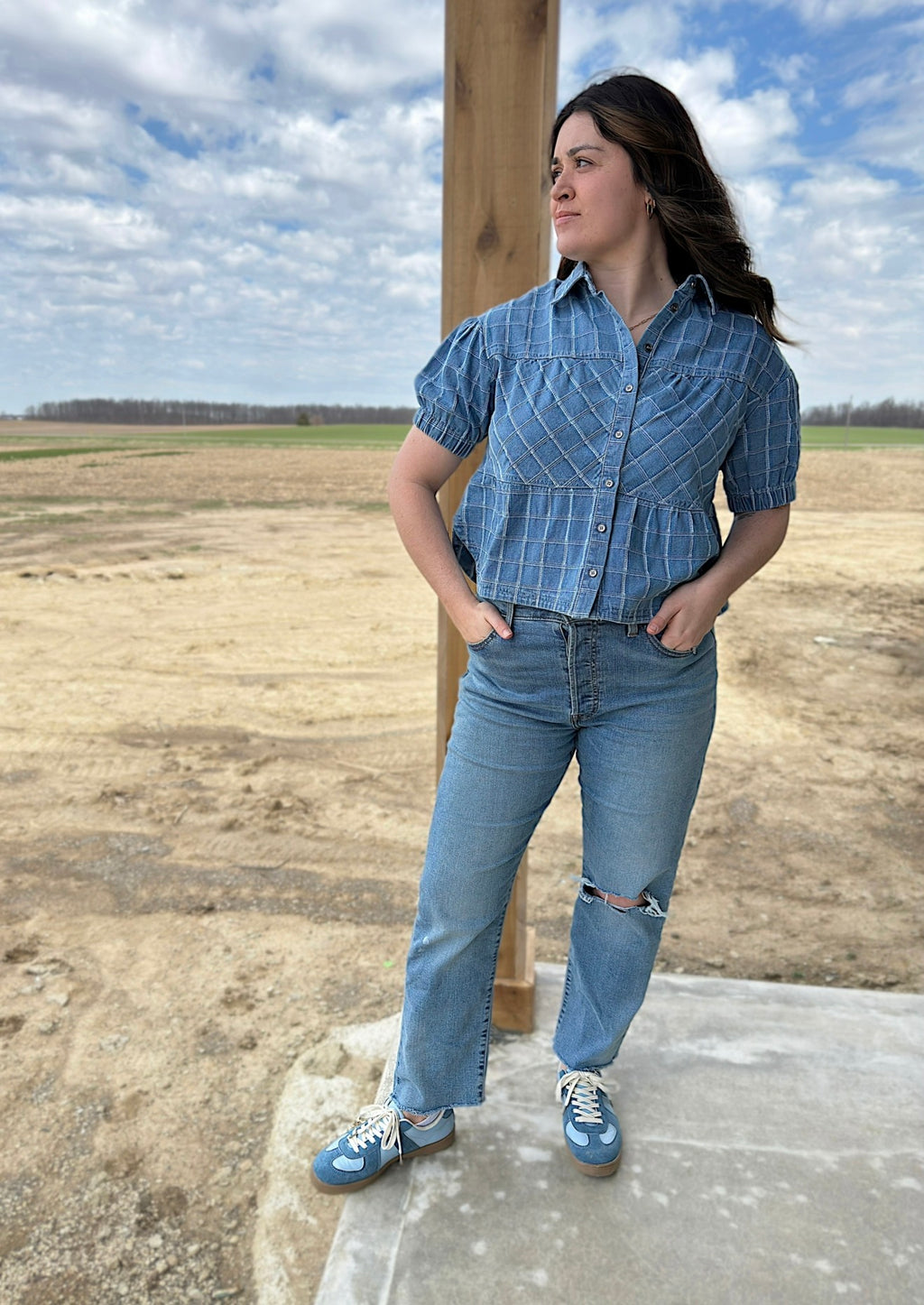 Checkered Denim Button Down Top