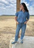 Checkered Denim Button Down Top