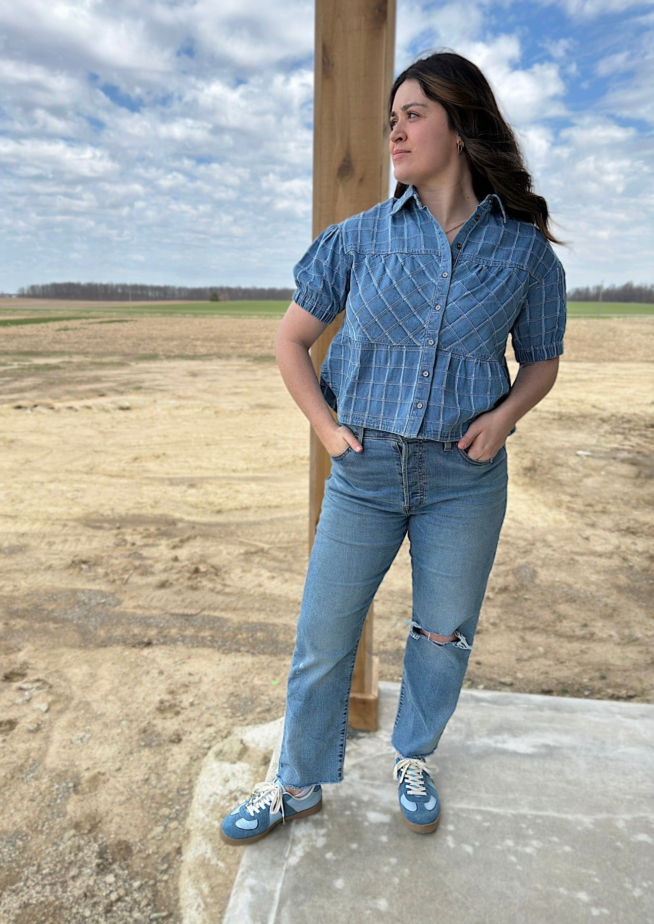 Checkered Denim Button Down Top