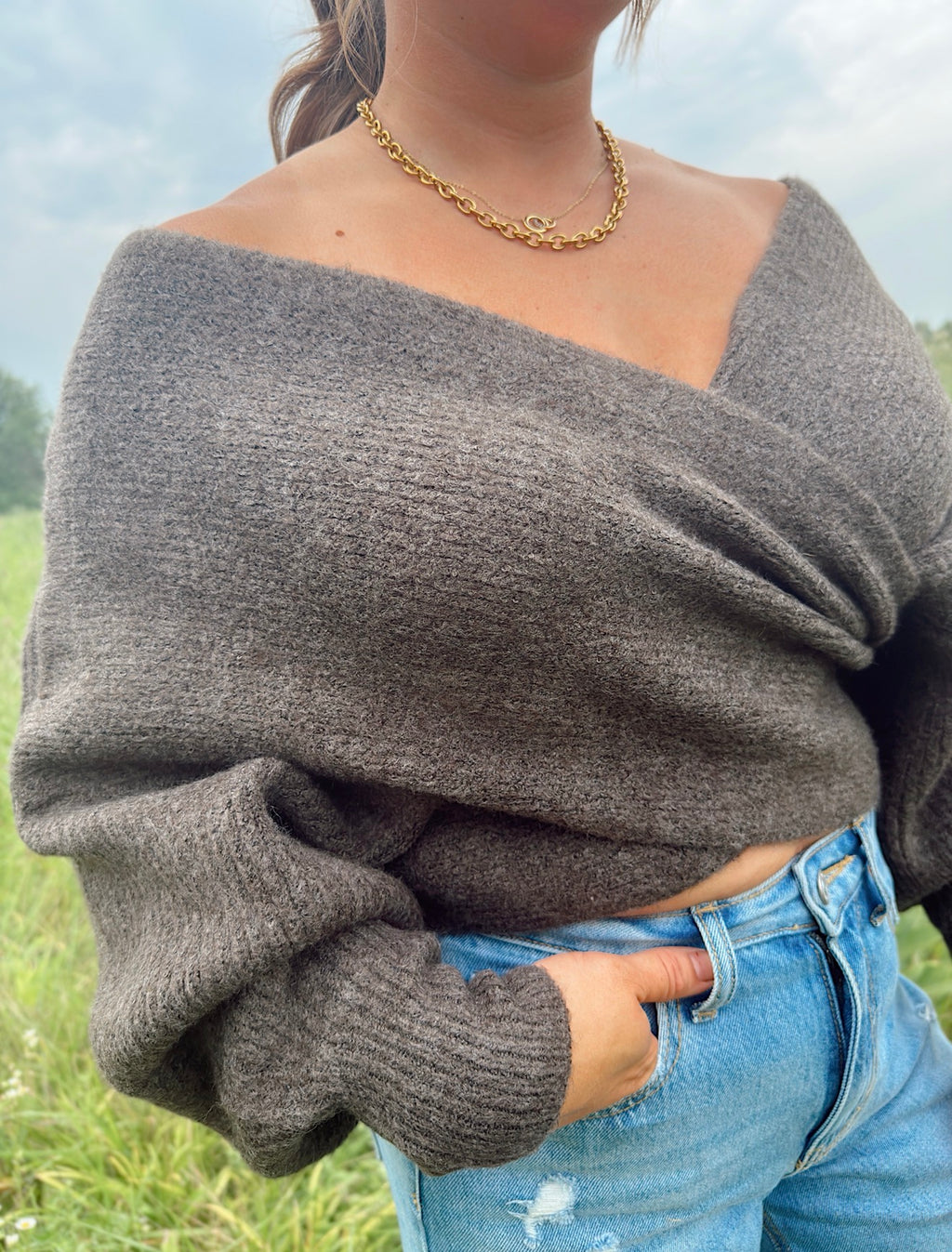 Crossover Ribbed Fuzzy Knit Sweater