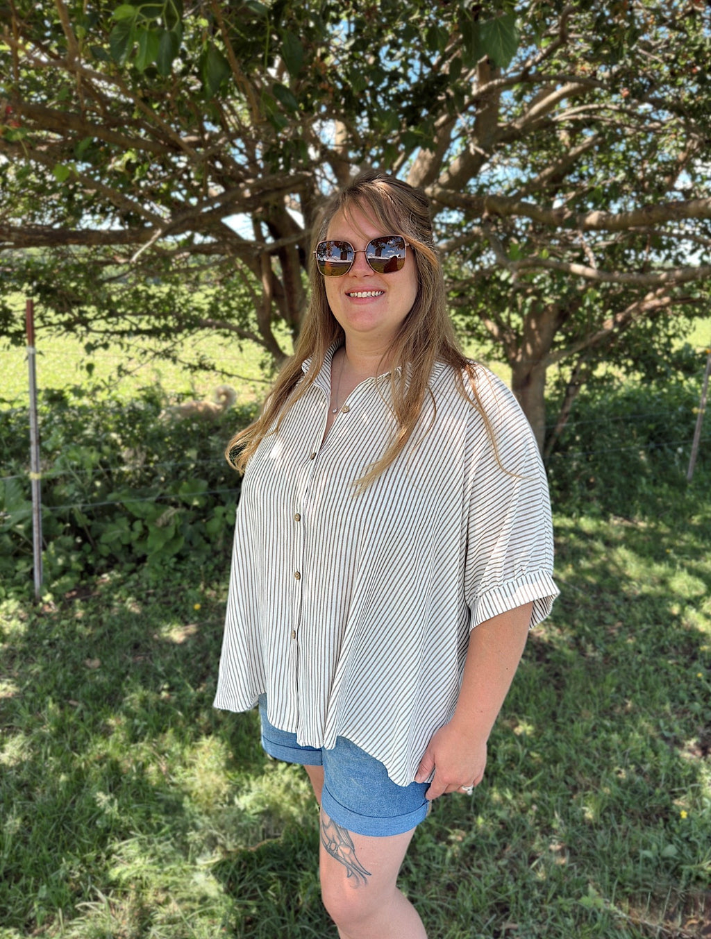 Curvy - Stripe Button Down Boxy Top