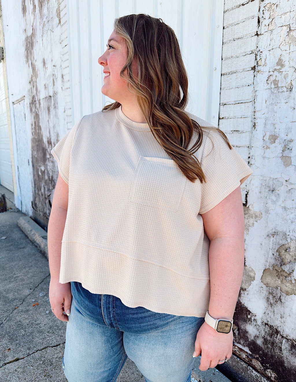 Curvy - Flared Hem Waffle Knit Casual Top