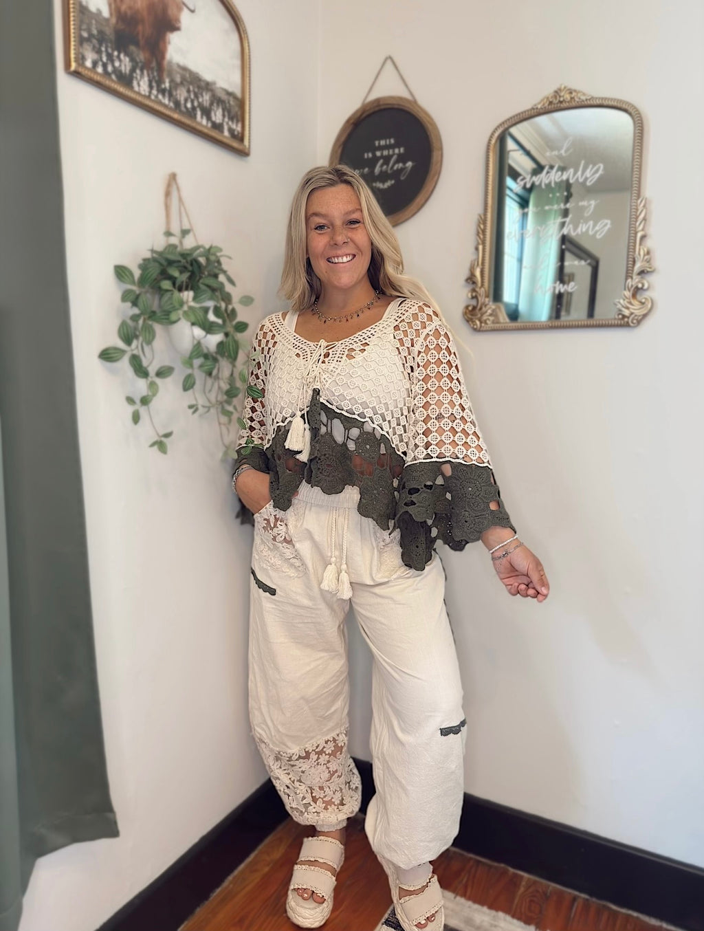 Olive Color Block Crochet Top