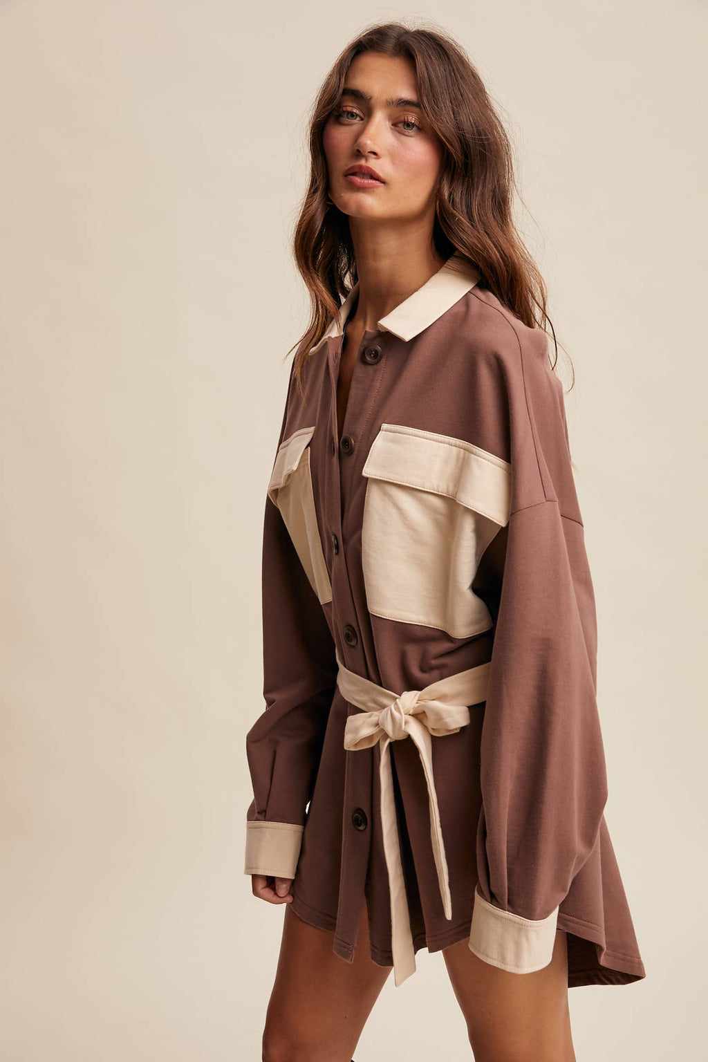 Contrast Belted Shirt Jacket Shacket