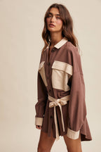 Contrast Belted Shirt Jacket Shacket