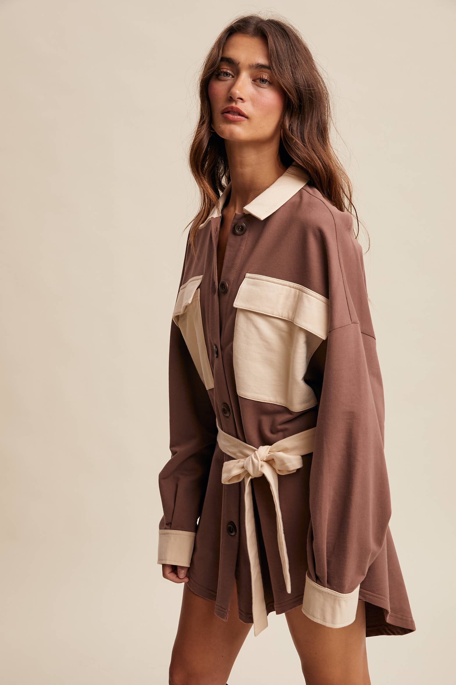 Contrast Belted Shirt Jacket Shacket