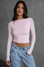 Boat Neck Ruched Bodice Long-sleeve Top