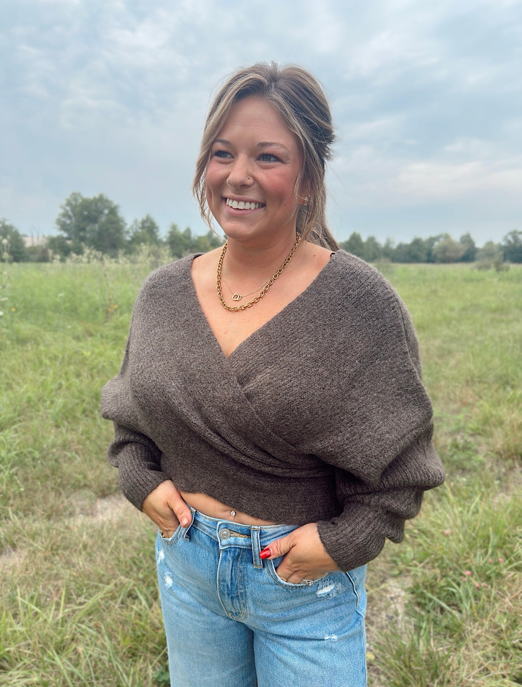 Crossover Ribbed Fuzzy Knit Sweater