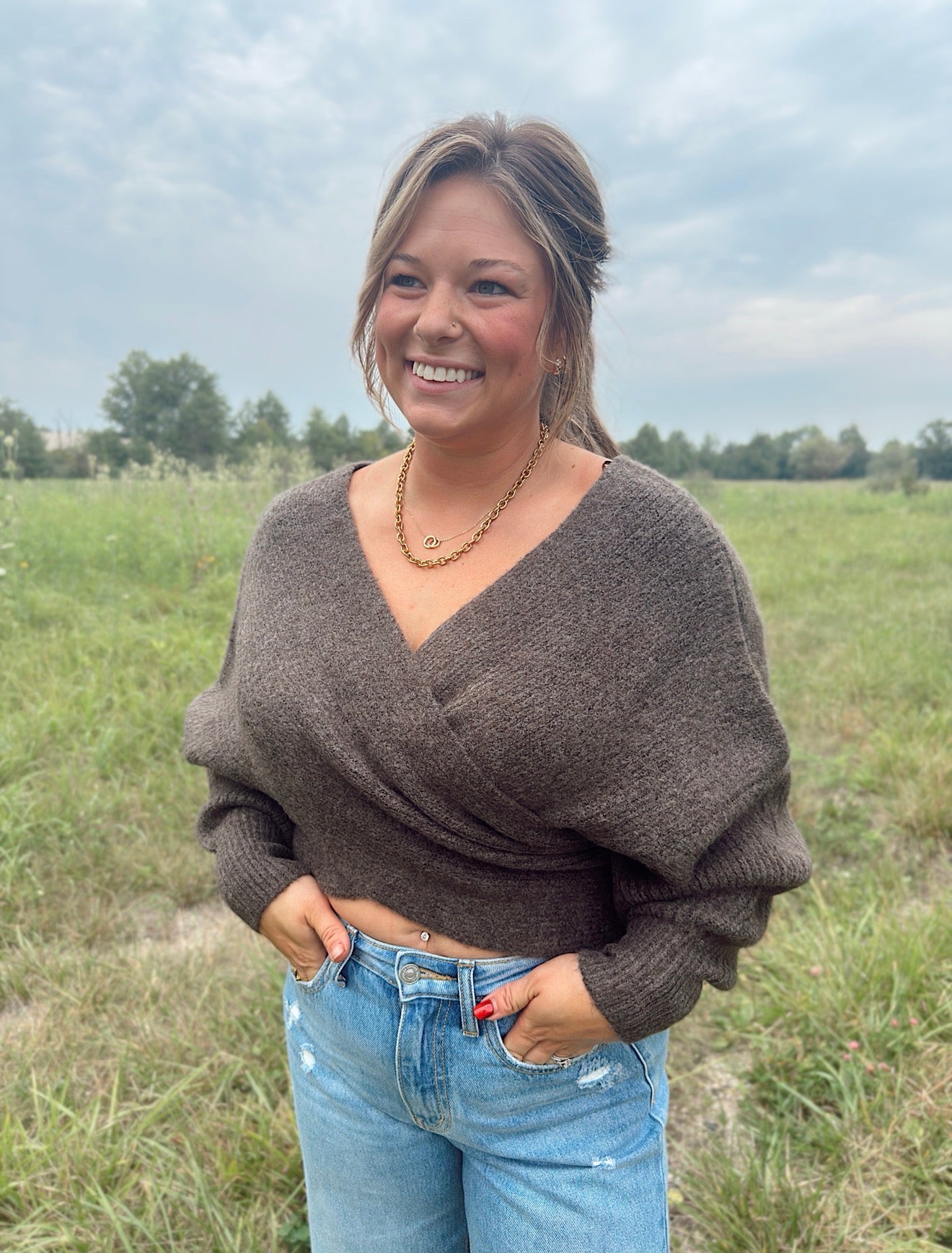 Crossover Ribbed Fuzzy Knit Sweater