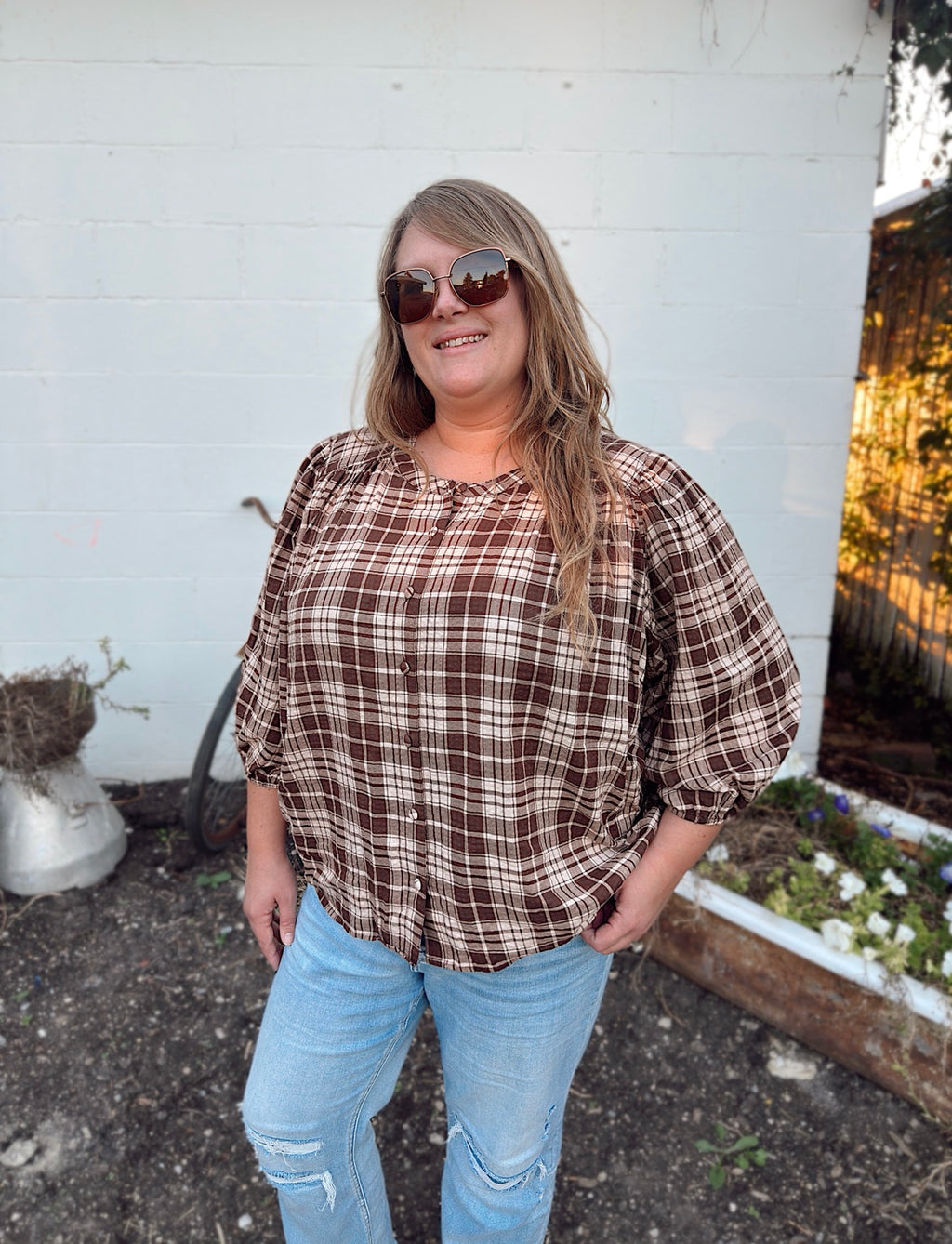 Curvy - Harvest Plaid Button-Up Top