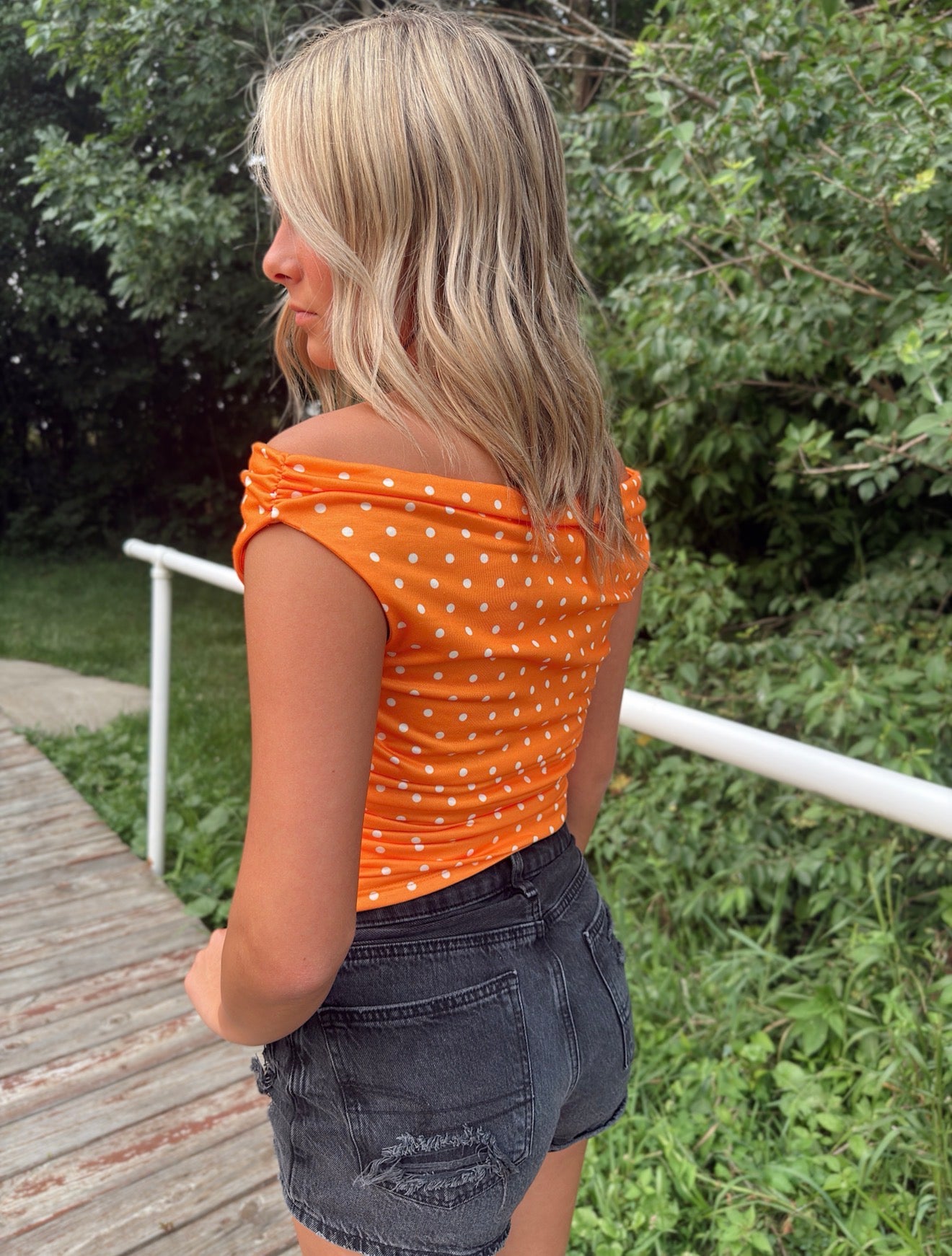 Off-Shoulder Ruched Polka Dot Top