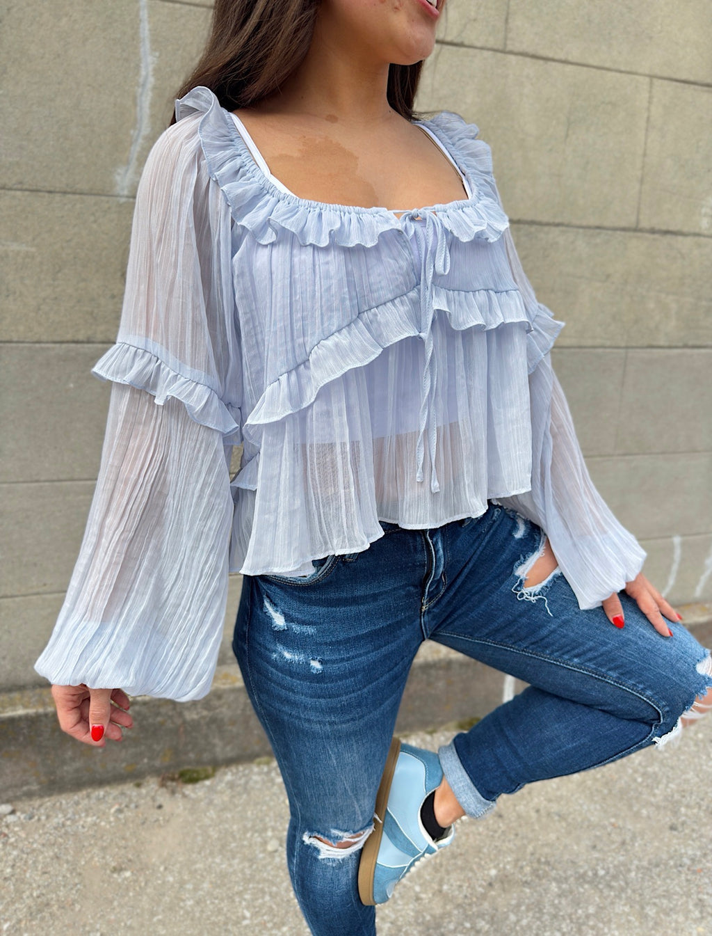 Scoop Neck Ruffle Detail Blouse