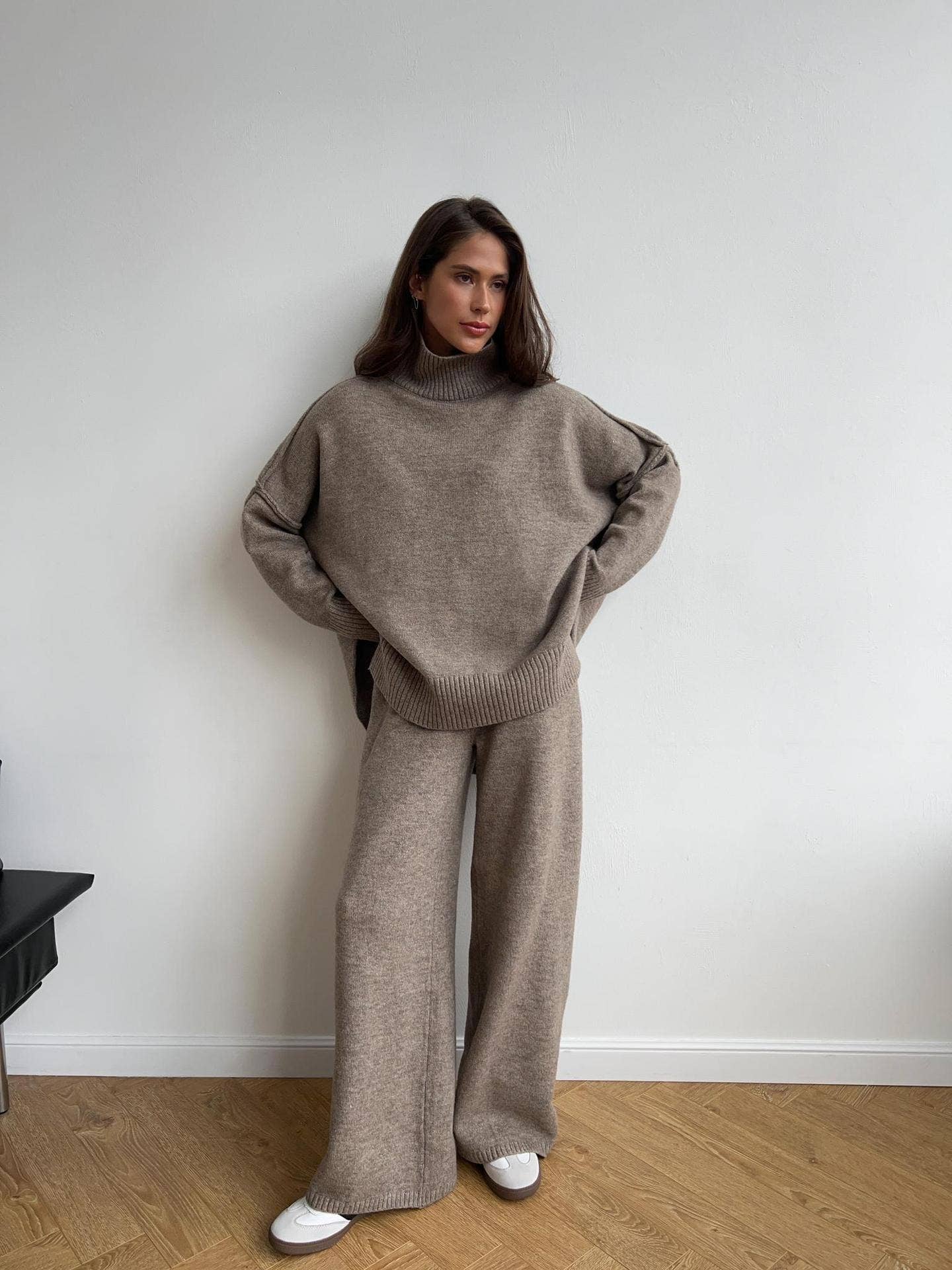 Turtleneck Side Slit Knit Sweater and Wide Leg Pants Set