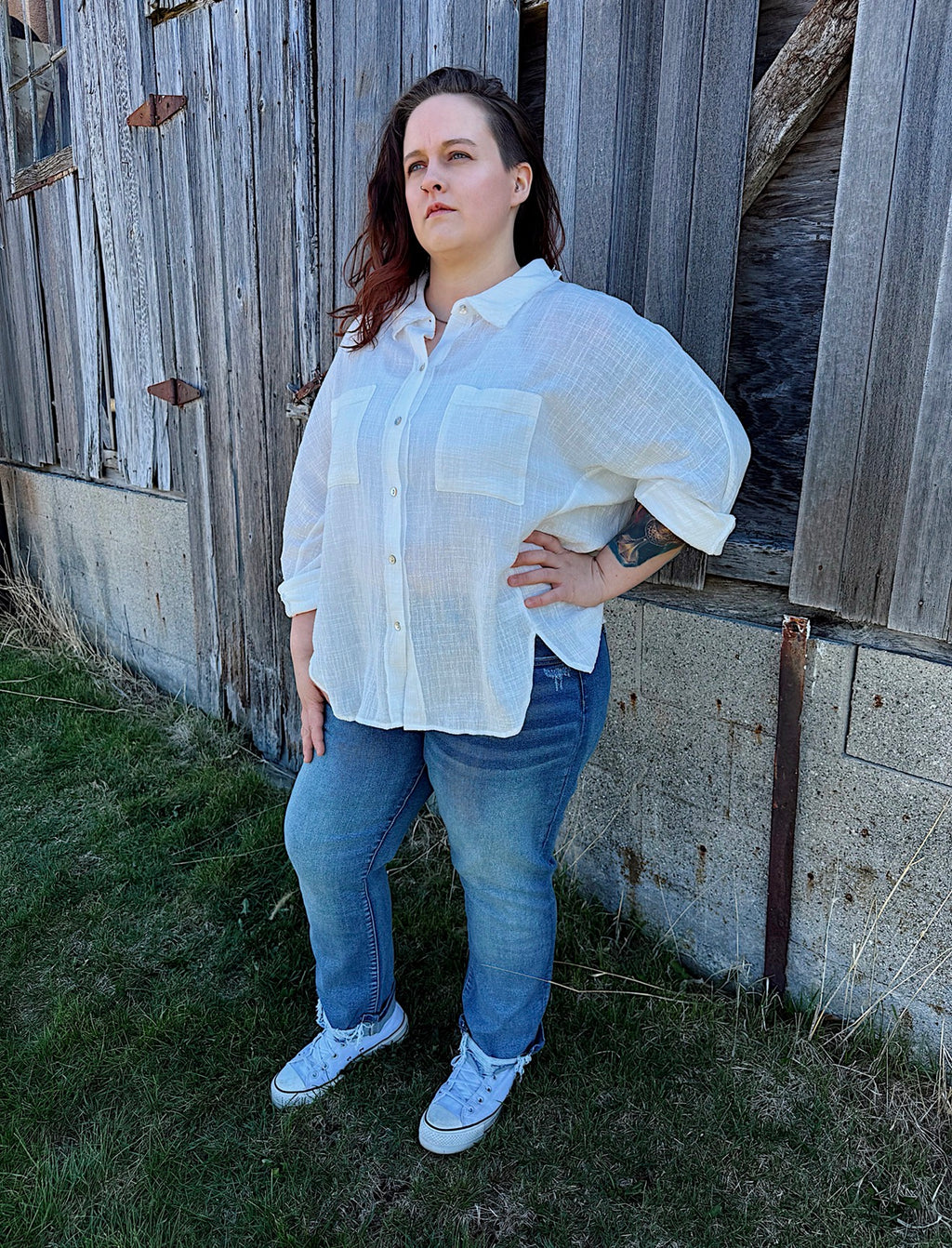 Curvy - Dolman Sleeve Button Down Gauze Shirt