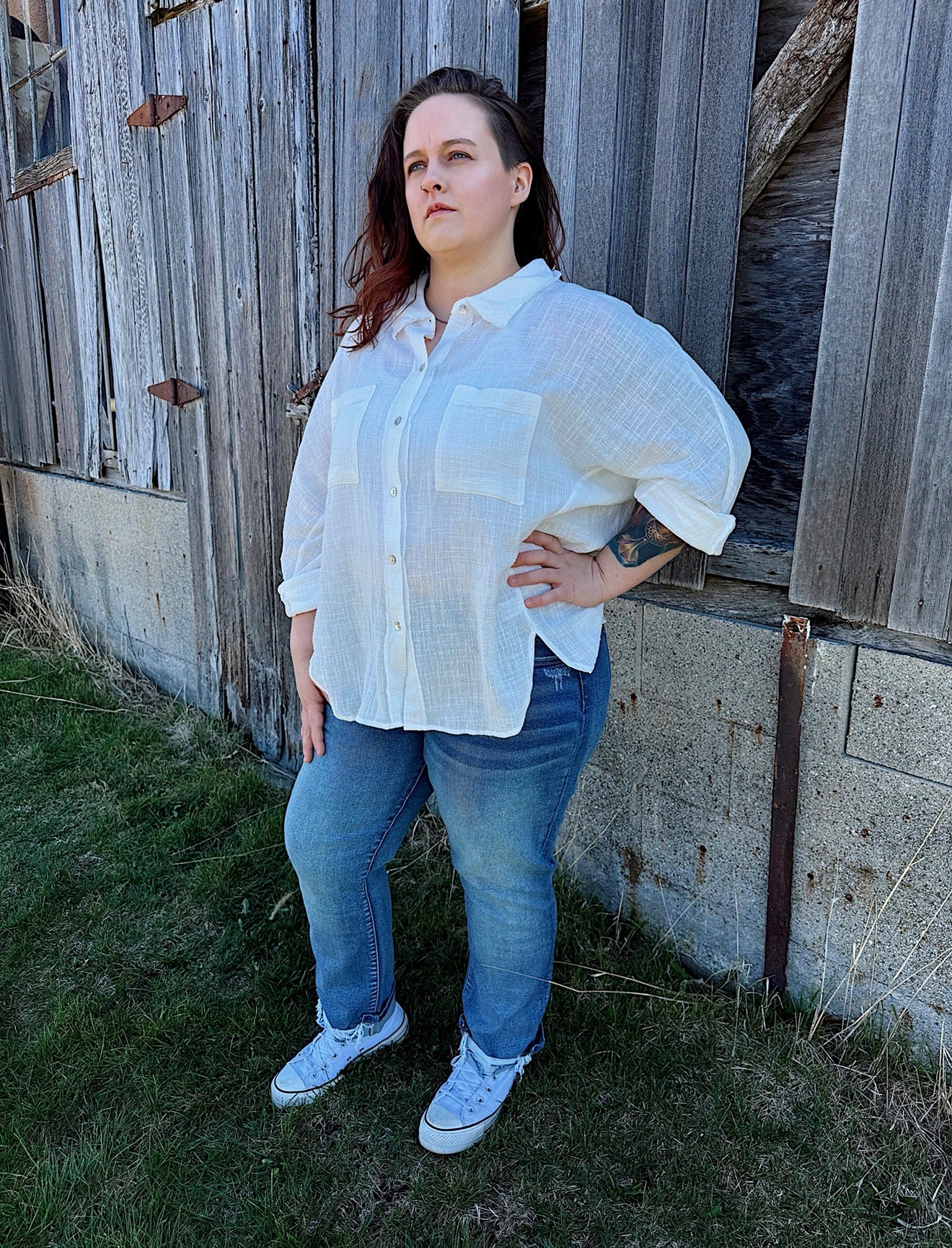 Curvy - Dolman Sleeve Button Down Gauze Shirt