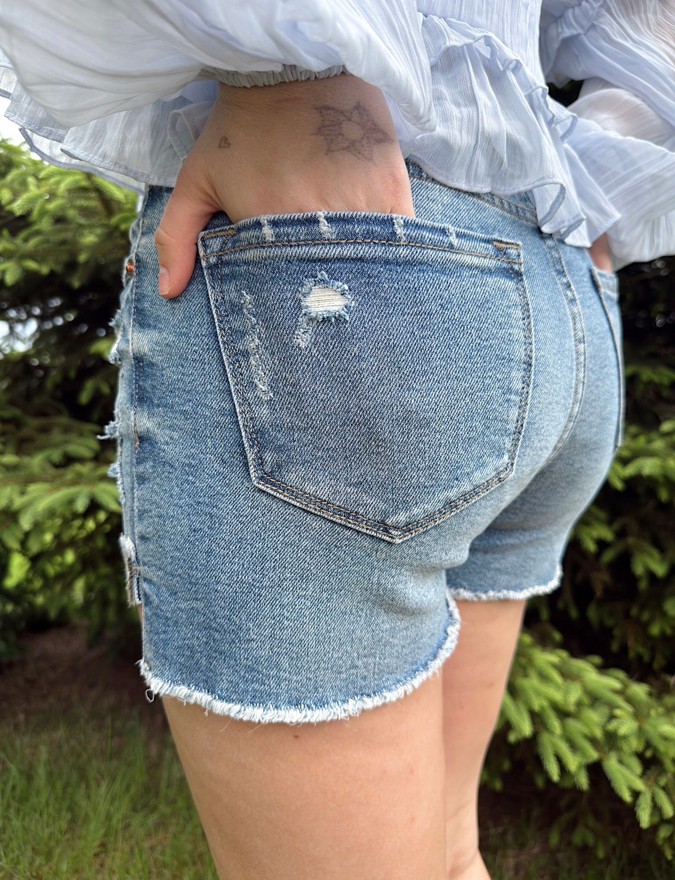 High Rise Denim Frayed Hem Shorts