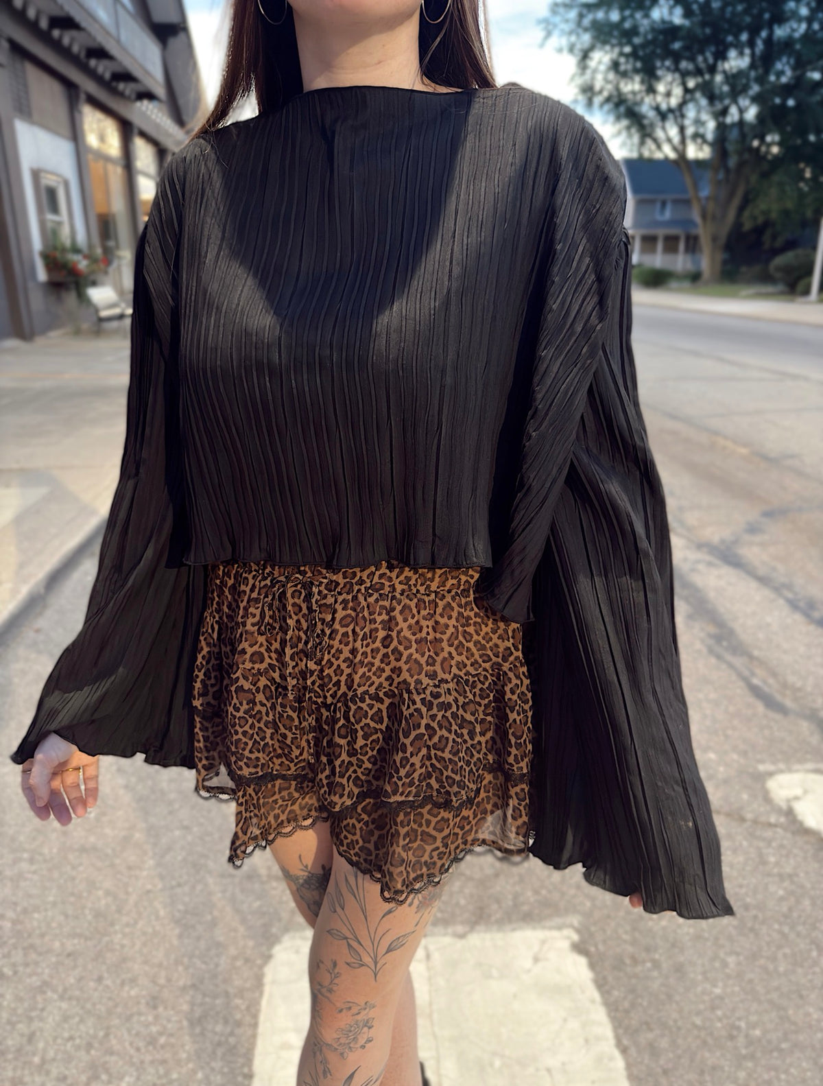 Pleated Open Back Tie Blouse
