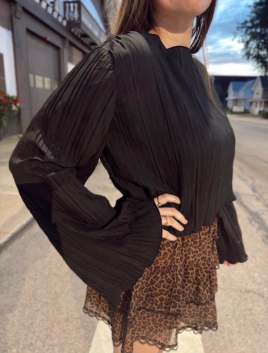 Pleated Open Back Tie Blouse