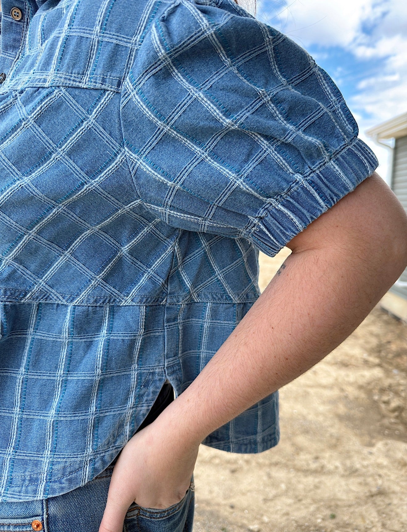 Checkered Denim Button Down Top