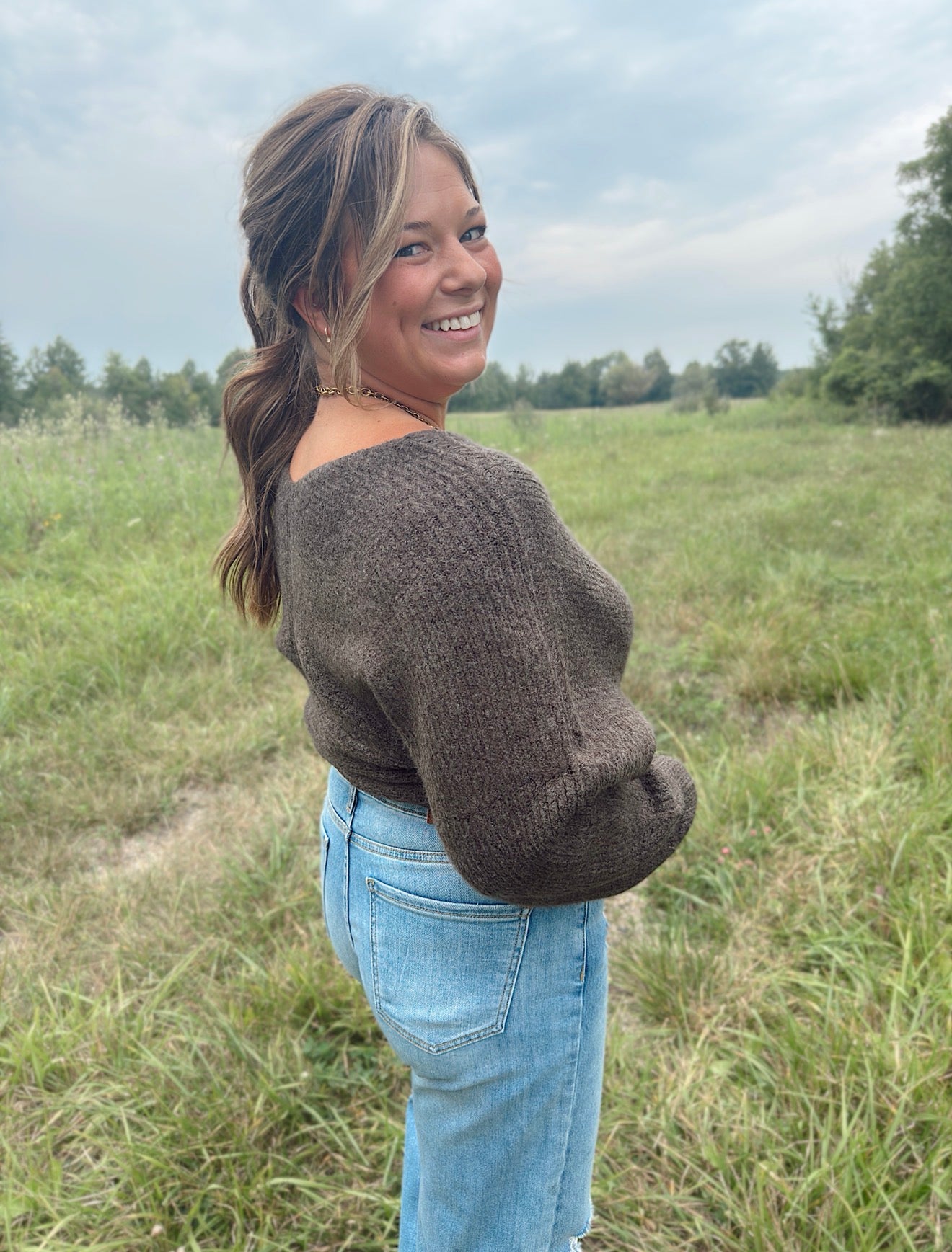 Crossover Ribbed Fuzzy Knit Sweater