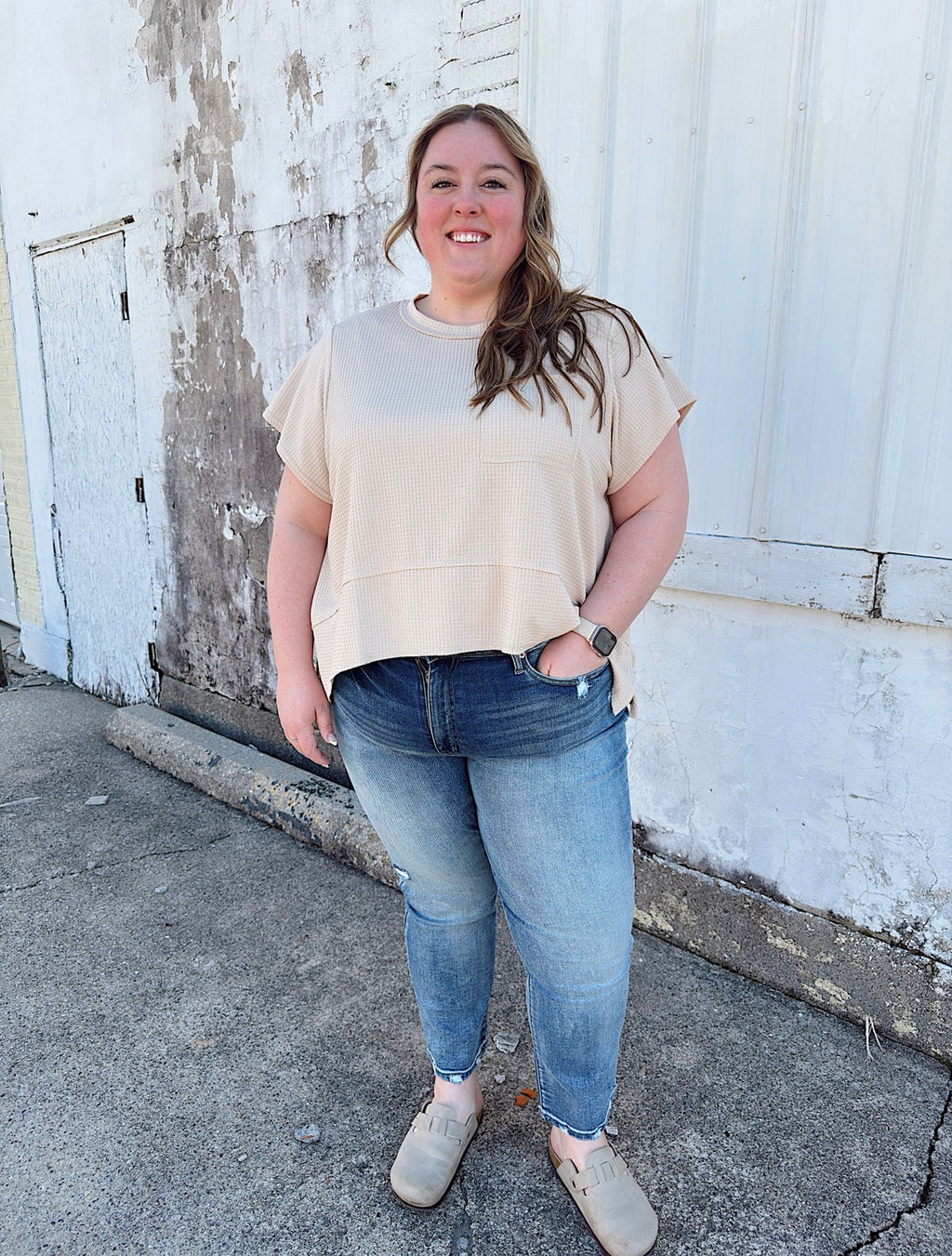 Curvy - Flared Hem Waffle Knit Casual Top