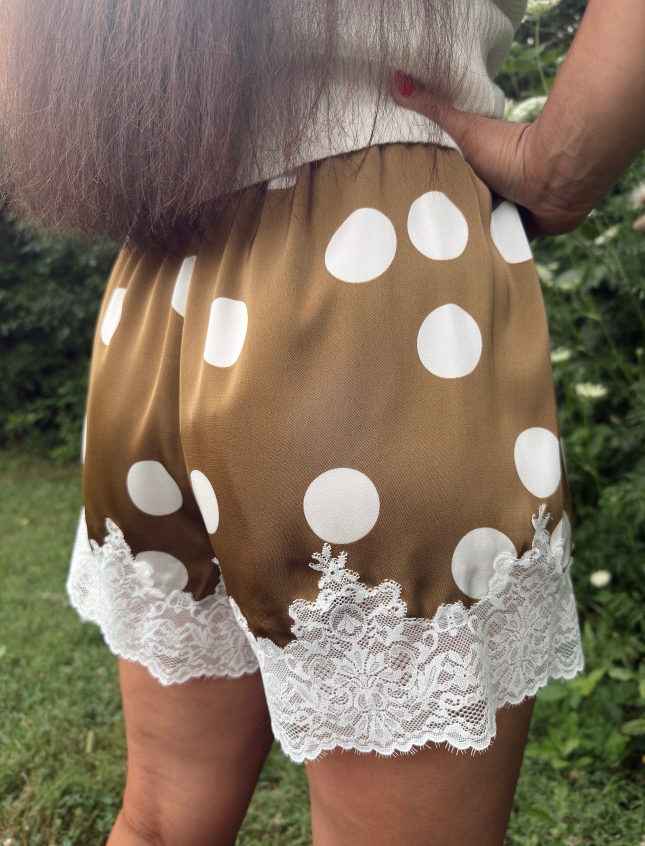 Polka Dot Lace Trim Satin Shorts