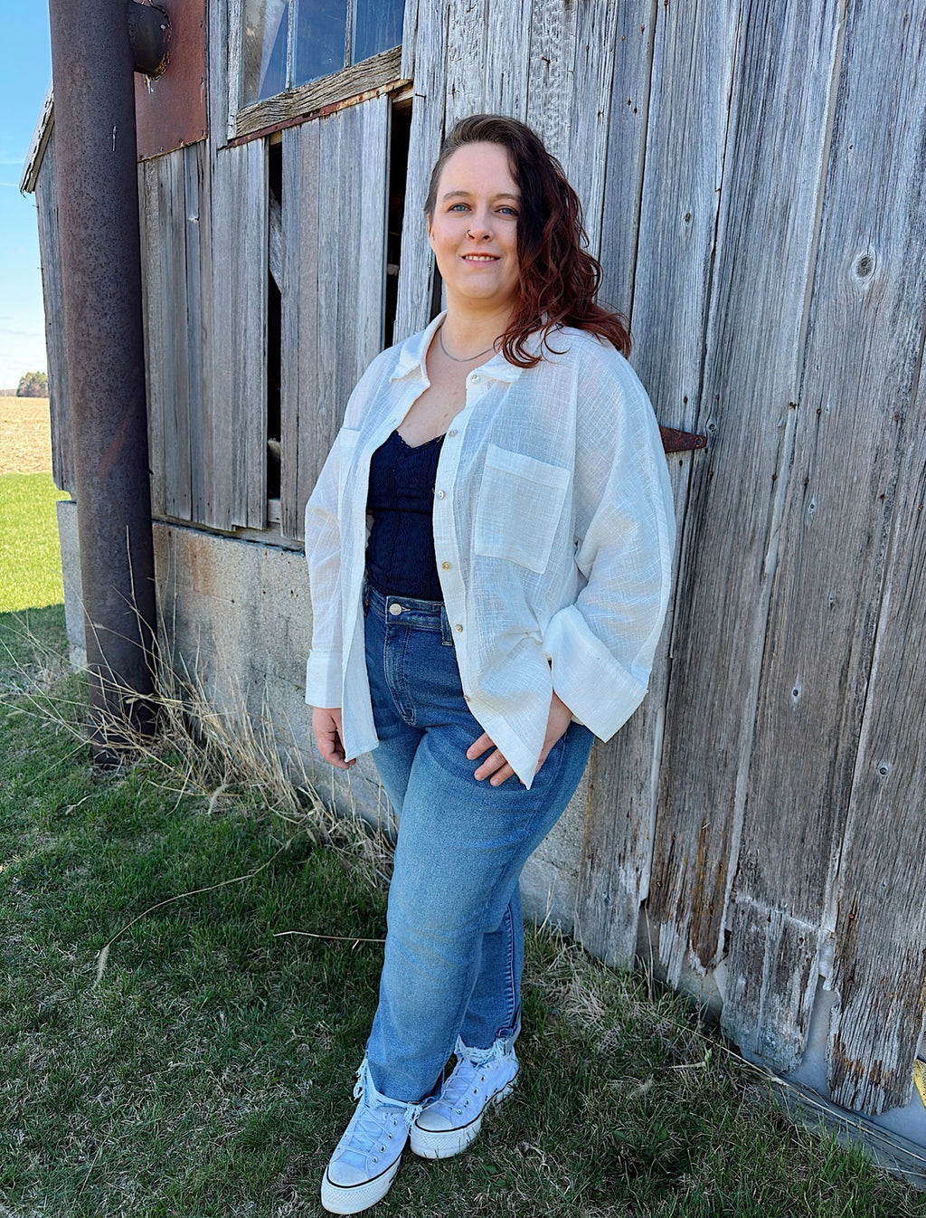 Curvy - Dolman Sleeve Button Down Gauze Shirt
