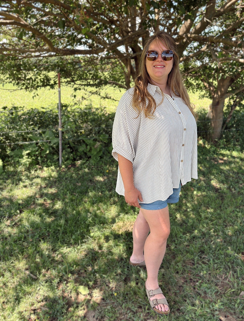 Curvy - Stripe Button Down Boxy Top