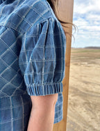 Checkered Denim Button Down Top