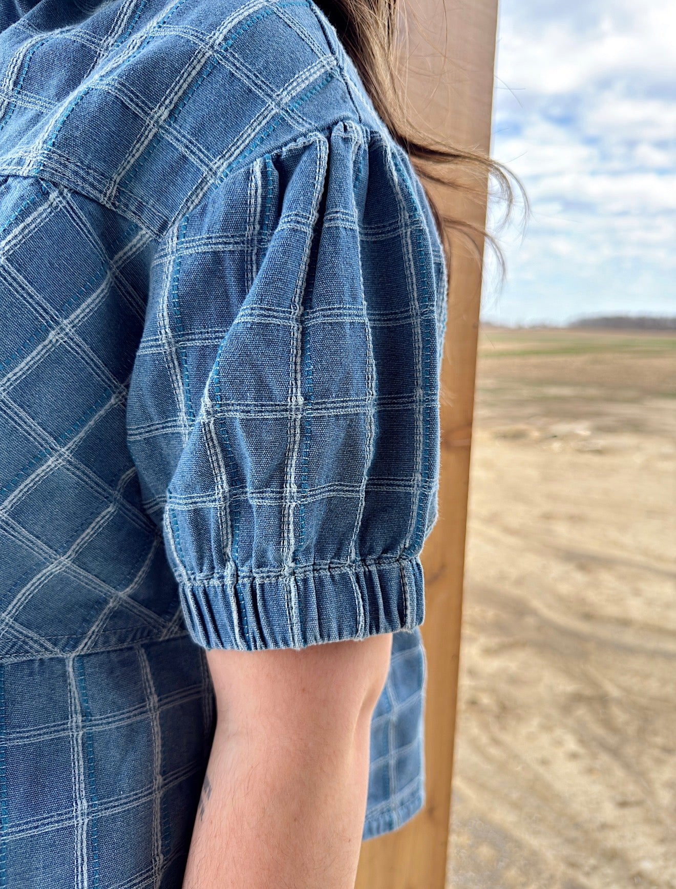 Checkered Denim Button Down Top