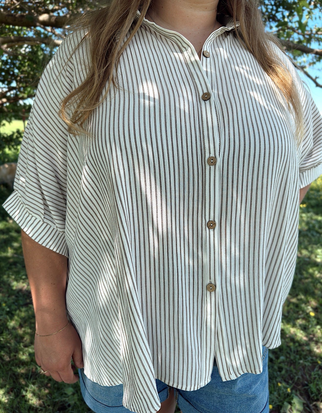 Curvy - Stripe Button Down Boxy Top