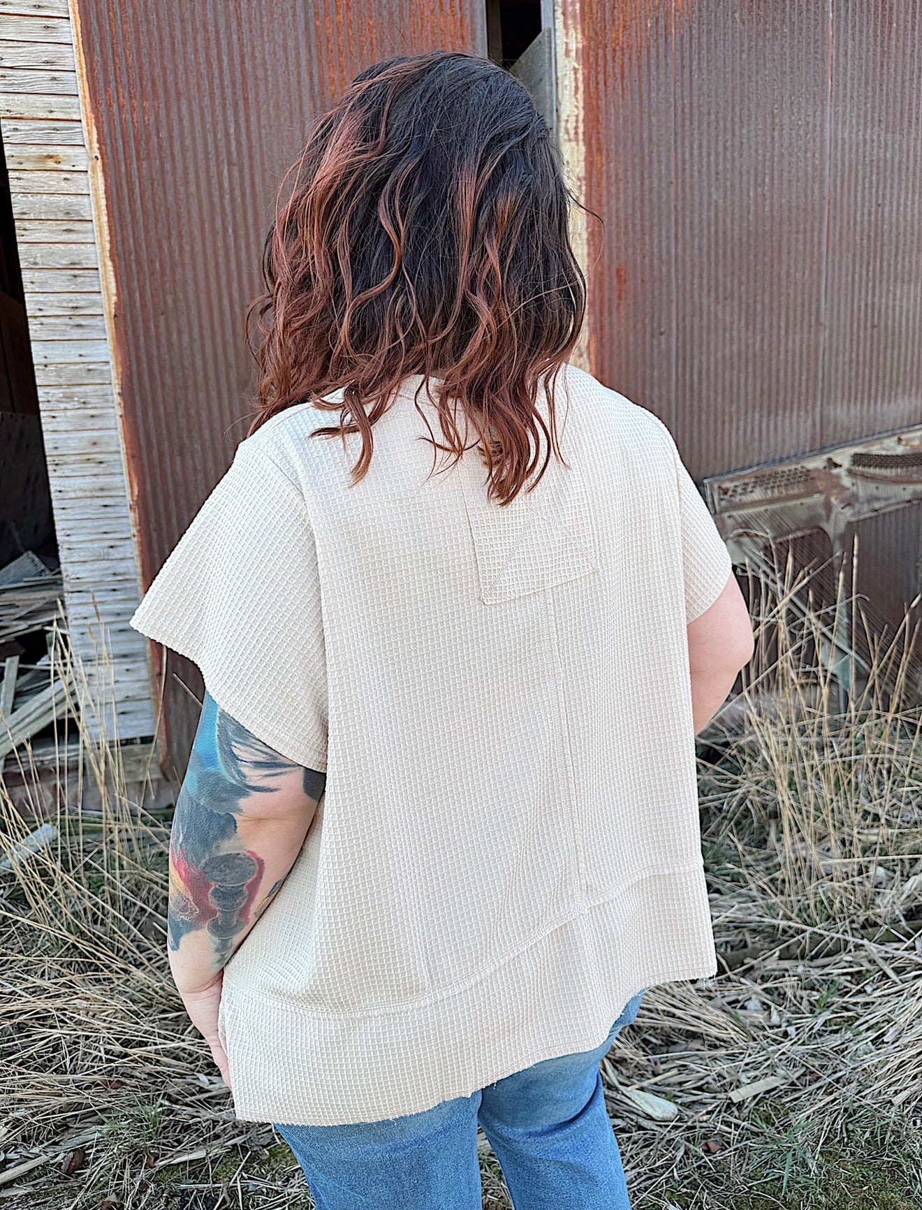 Curvy - Flared Hem Waffle Knit Casual Top