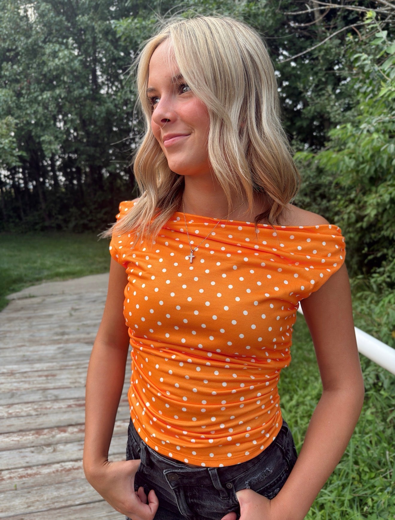 Off-Shoulder Ruched Polka Dot Top